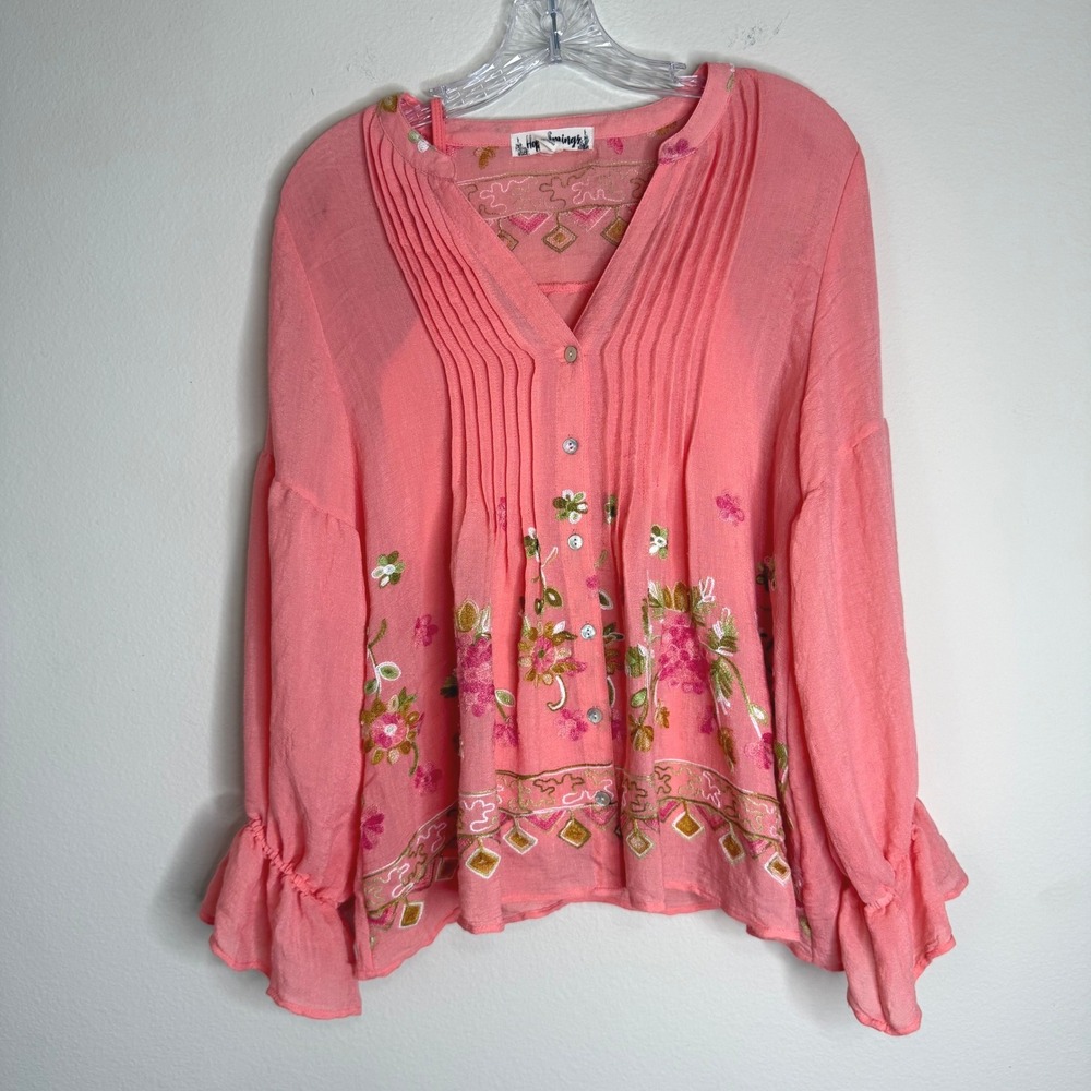 Hope Springs Blouse Womens Medium Coral Pink Embroidered Boho Ruffle Top w/ Tank